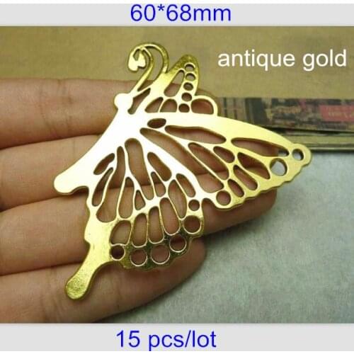 15 pcs Butterfly Charms Antique Gold-color 60*68mm Nice Butterfly Profile Pendant Large Size Metal Insect Charms