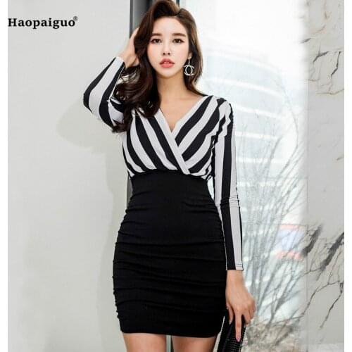 2020 Plus Size Bodycon Bandage Dress Autumn Women Black Striped Long Sleeve Korean Wrap Mini Dress Office Party Ladies Dresses