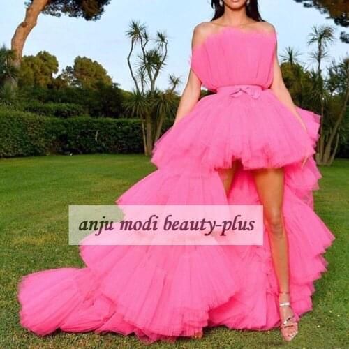 2021 Puffy High Low Prom Dresses Strapless Ball Gown Detachable Train Formal Evening Party Dress Robe De Soiree