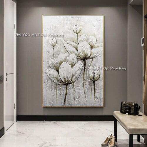 Abstract Poster Handmade Canvas Painting Wall Art White and Grey Modern Flower Pictures For Office Room Nordic Home Decoration