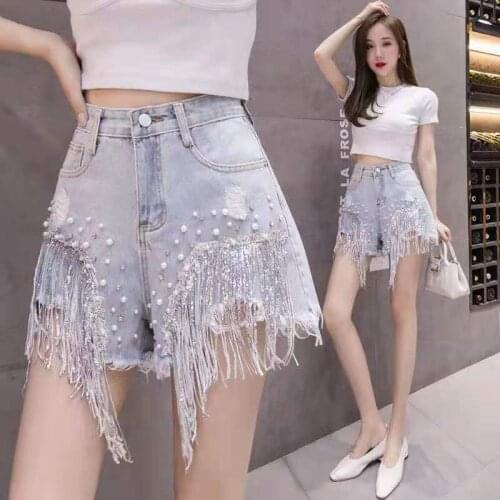 Beaded Denim Shorts Women High Waist Fashion Short Jeans Street Punk Style Skinny Female Rhinestone Tassel Jean Shorts Y763
