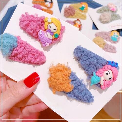 Children Candy Color Hairpins Cartoon Princess Imitation Plush Autumn Leather Hair Duckbill Clips 2 Pieces Hairgrips