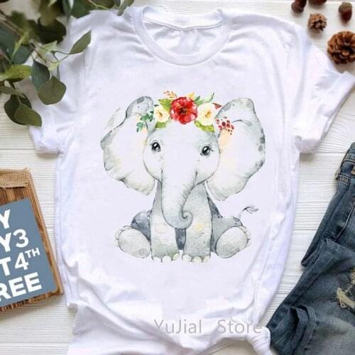Watercolor Elephant Red Rose Flowers Animal Print Women T-Shirt Summer Fashion Funny Tshirt Female Harajuku Kawaii Clothes Tops