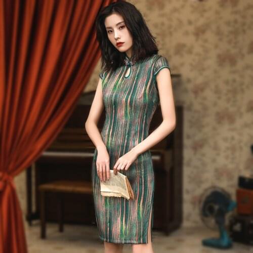 4XL Plus Size Silk Dress Modern Improvement Cheongsam China Wind Stripe Cheongsam Rainbow Stripes Printing Oriental Qipao