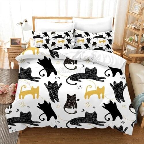 Cartoon Cat Bedding Set for Bedroom Decor Cute Animal Print Polyester 140x200cm Duvet Cover Set with 2Pcs Pillowcases Girl Gifts