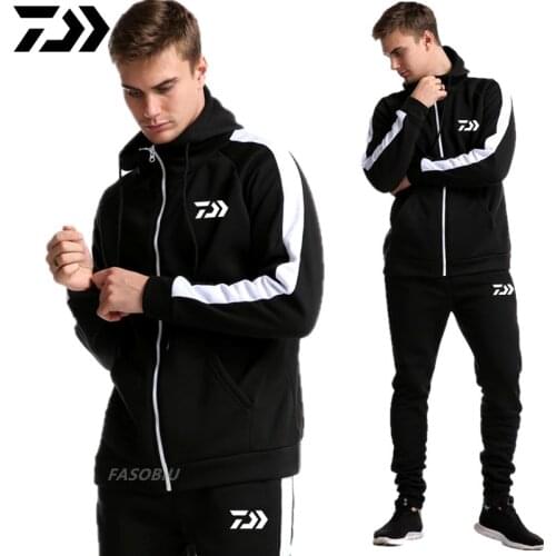 Daiwa Men Autumn Winter Fishing Suits Tracksuit Hooded Sweatshirt Drawstring Sportswear Male Suit Pullover Two Piece Casual Set