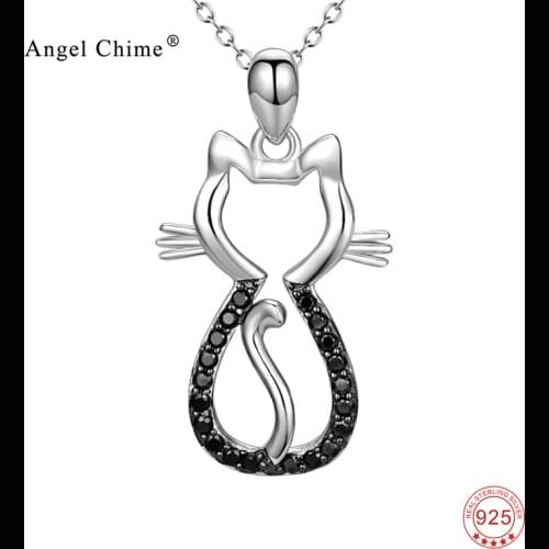 Fashion Pure 925 Sterling Silver Lucky Cat White Black Crystal Pendant Statement Necklace Lovely Jewelry Kolye For Women