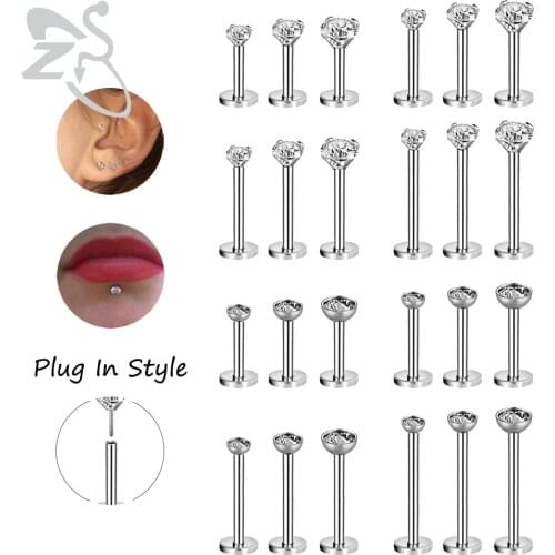 ZS 3-4 Pcs/Lot Plug IN Style Stainless Steel Labret Lip Piercing Set 2/3/4MM CZ Crystal Ear Cartilage Tragus Helix Piercings16G