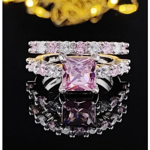 2021 new luxury pink princess 925 sterling silver wedding ring set for women lady anniversary gift jewelry wholesale R5173