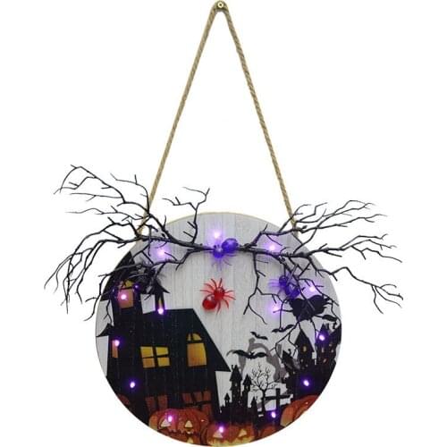 Newly Halloween Theme Door Sign with Lights Creative Glowing Wooden Hanging Ornament for Home Garden Porch Decoration