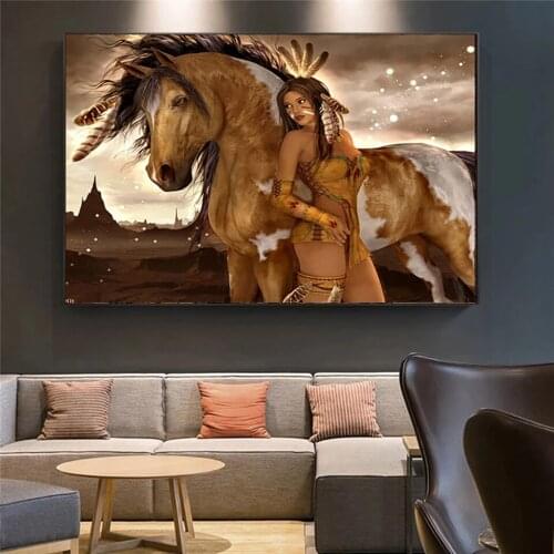 Posters and HD Photos Abstract Naked Girl Indian Aboriginal Horse Figure Canvas Painting Mural Modern Living Room Home Decor