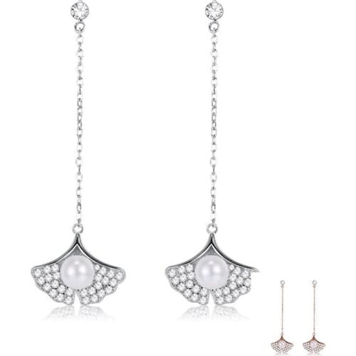 ZEMIOR S925 Sterling Silver Apricot Leaf & Shell Pearl Earrings For Women Dazzling Zircon Tassel Drop Earring Fine Jewelry