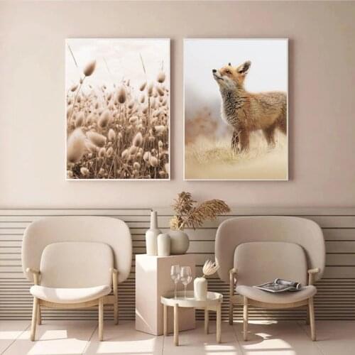 Scandinavian Nature Sunset Fox Landscape Poster Nordic Print Animal Canvas Printing Botanical Decorative Wall Picture Home Decor