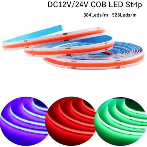 COB LED Strip Light High Density Flexible FOB COB 384/528LEDs/m Lights Tape Blue/ Green/Red Linear Dimmable DC12V/24V