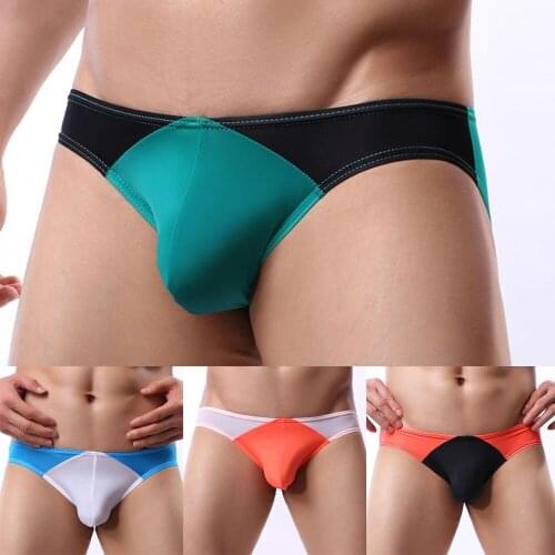 Ice Silk Briefs Men Underwear Sexy Fashion Color Matching Triangle Brief Enhance Penis Pouch Panties Hip Raise Underpants Bikini