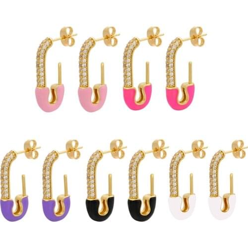 Safety Pin Stud Hoop Earrings Cubic Zirconia Enamel Neon Bright Fluorescent Jewelry CZ Gold Color Earring Purple Rose Pink White