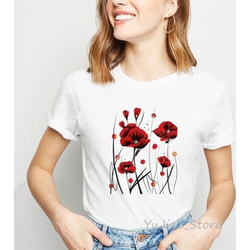 Fiery Poppies Flowers Print T Shirt Women Clothes 2020 Vogue Romantic Rose Pattern Tshirt Femme 90s Aesthetic Clothes T-Shirt