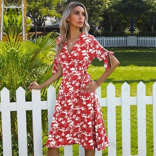 Women Dresses Summer 2021 Sexy V Neck Floral Print Boho Beach Dress Lacing Irregular Short Sleeve Mini Dress Vestidos De Verano
