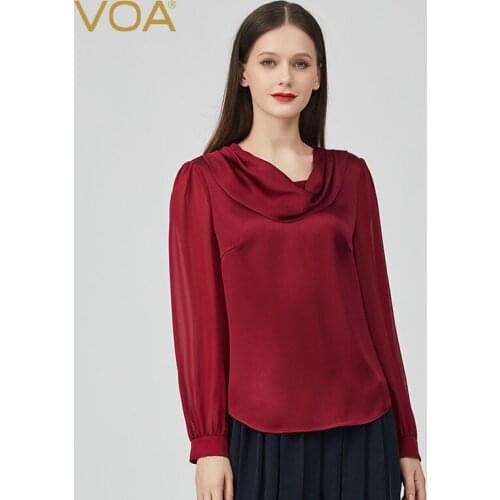 VOA Elegant Stack Collar Red Woman Silk Tops Autumn Office Lady Long Sleeve Woman Tshirts Party Female Solid T-Shirts Chic BE759