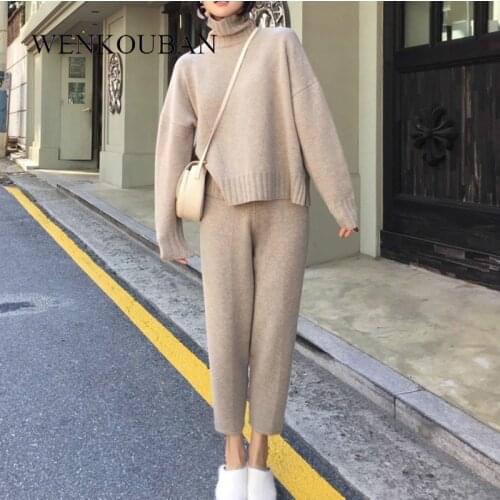 Autumn Winter 2 Pieces Set Women knitted Tracksuit Pullover Turtleneck Female Sweater Pant Ladies Loose Jumper and Pants Set