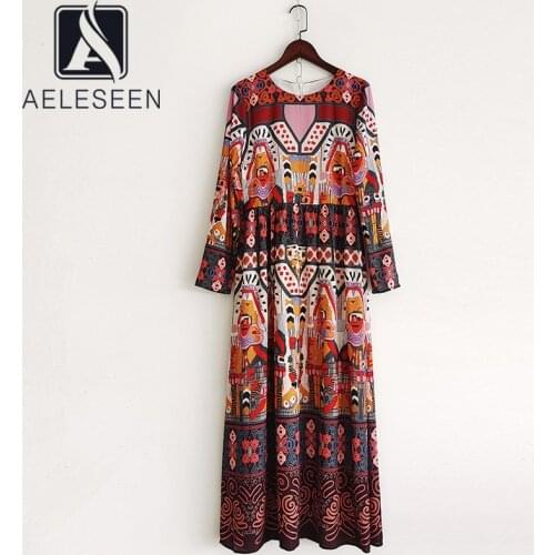 AELESEEN Runway Fashion Women Dress 2021 Spring Autumn Long Sleeve Cartoon Flower Print Elegant Party Holiday Dress