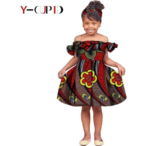 African Clothes for Kids Baby Girls Ankara Print Ruffles Floar Dresses Matching Headtie Bazin Riche Children Clothing YS194006