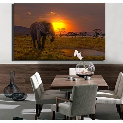 African Savannah Landscape HD Print Giraffe, Elephant Canvas Painting Poster Wall Art Picture Living Room Home Decor Frameless