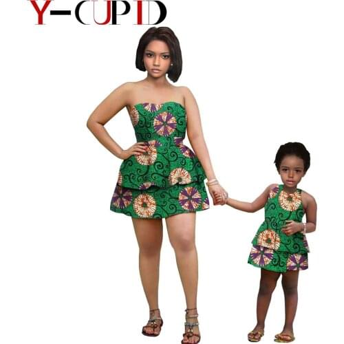 African Dress Women Bazin Riche Mother Daughter Matching Clothing Summer Girls Children Sleeveless Mulit Layer Dresses S20F004