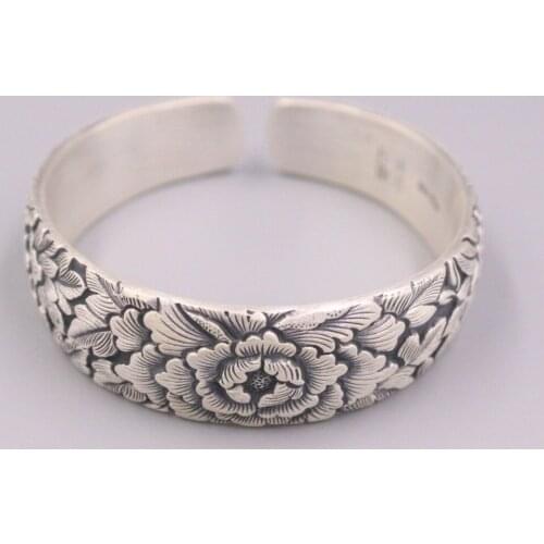 Authentic 999 Fine Silver 19mm Peony Pattern Band Cuff Bangle 2.36Inch Inner Diameter