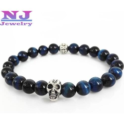 New Arrival Natural Stone beads Bracelet,High Grade 8mm Blue Tiger eyes with Antique Skull Bracelets, Mens Gift