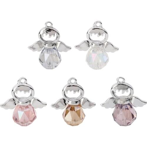 Zinc Based Alloy Faceted Glass Angel Charms Silver Color Faceted 21mm( 7/8") x 19mm( 6/8") For DIY Jewelry Making, 5 PCs