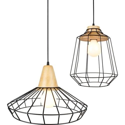 Wood Pendant light Retro Loft Hanging lamp iron cage lampshade pendant bar coffee dining room LED lighting fixtures