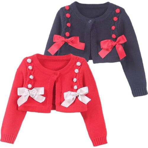 Infant Kids Child Girl Fashionable Sweater Cardigan Round Neck Long Sleeve Bow Knitted Shawl Short Coat 1-7Y Girls Party Coat