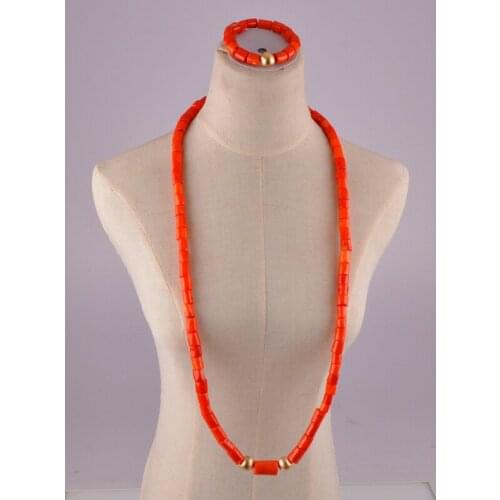 Long orange nigeria coral beads for men and women afrian coral necklace jewelry set