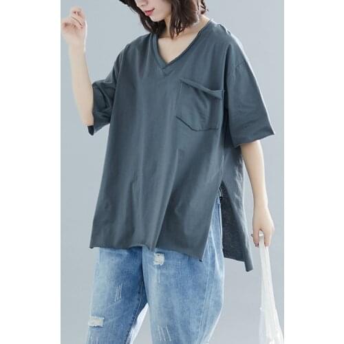 Cotton Oversized Women T-shirts 2021 Summer V-neck Pocket Loose Slim Casual All Match Female Pulls Outwear Tops Tees