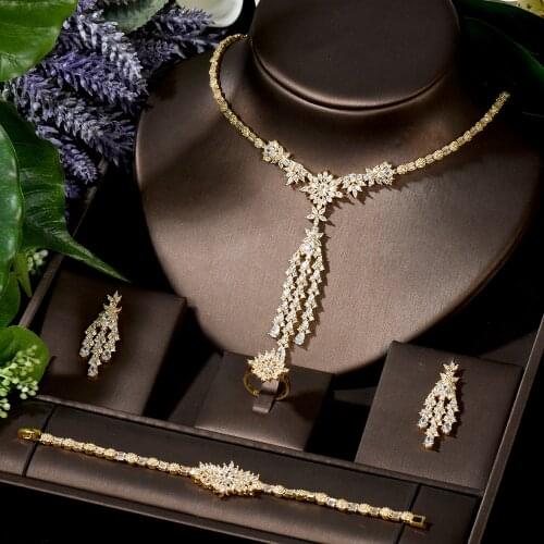 HIBRIDE Elegant Flower Design Long Tassel Big Pendientes Cubic Zirconia Necklace Sets Gold Color African Jewelry Set N-1552