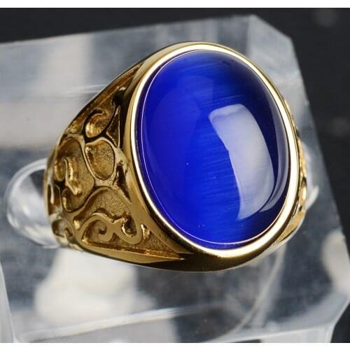 Hip Hop Mens Fashion simulated Opal Stone Ring Stainless Steel Gold color Jewelry Gift Retro Drop Shipping
