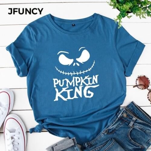 JFUNCY Women T-shirt Halloween Pumpkin Letter Print Tees Tops Cartoon Cotton Woman Tshirt Plus Size Casual Basic Female Tshirt
