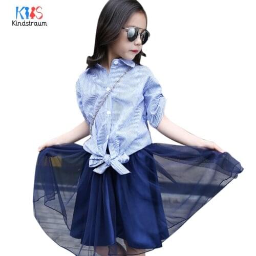 Kindstraum 2018 Spring Children Clothing Suits High Cotton Girls Striped Shirts + Mesh Skirt Fashion Sets for Kids,RC1097