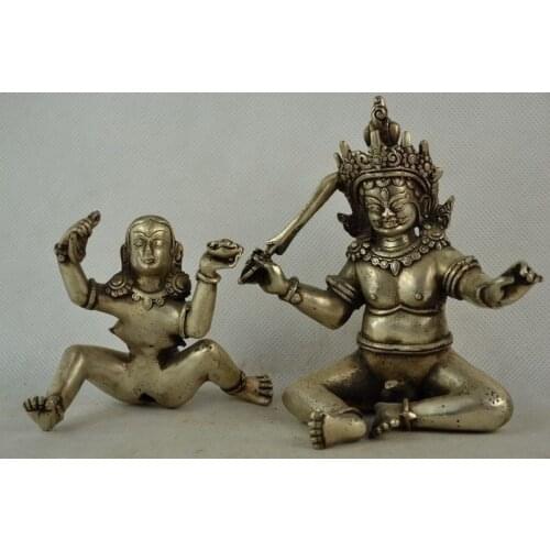 Collectibles Old Decorated Handwork Tibet Silver Carving MAKE LOVE Buddha Statue