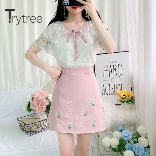 Trytree 2020 Summer Women Two Piece Set Casual V-neck Lace Ruffles Tops + Skirt Mini Embroidery Print Fashion Set 2 Piece Set