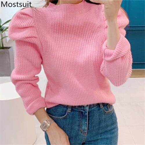 Korean Puff Sleeve Solid Knitted Sweaters Tops Women Long Sleeve Half-high Collar Korean Fashion Female Tops Sweater 2020 Spring
