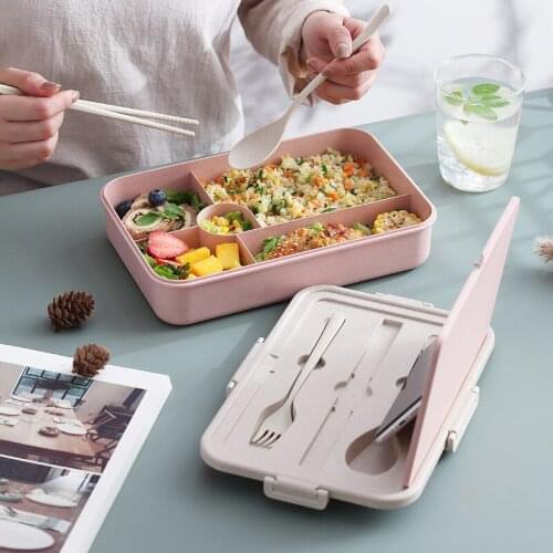 Wheat Straw Lunch Box, Plastic Student Thermal Lunch Box, Childrens Cartoon Japanese Tableware Lunch Box with Tableware