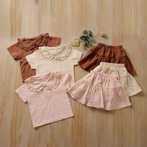 Summer Toddler Girls Set Suits Peter Pan Collar Solid Color Ruffles T-shirt + Skirt Suits for Kids Children Clothes