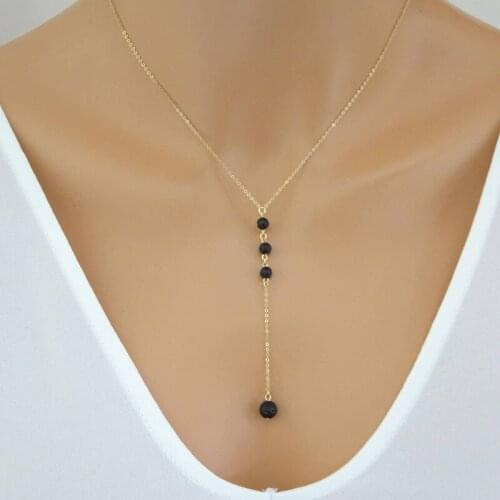 AKAFASHION Fashion Volcanic Rock Necklaces Jewelry Long Necklace Chain Black Beads Tassel For Women Gold Color Collares Collier