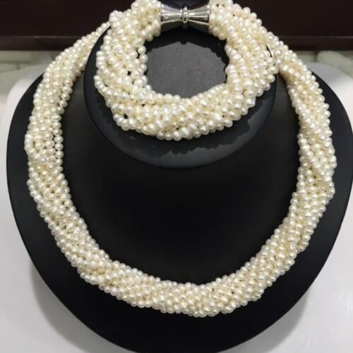 Hand Knotted 9rows 3-4mm white color multi-layer natural freshwater pearl twist necklace bracelet set fashion jewelry