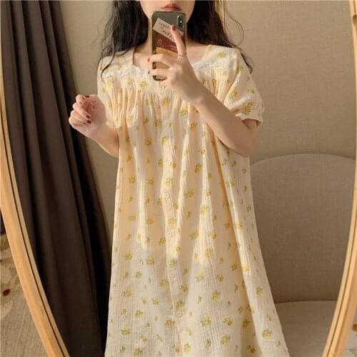 Sweet Cotton Gauze Nightdress Womens Summer Nightgown Floral Short Sleeve Cardigan Soft Home Dress Female Sleepwear Nightwear