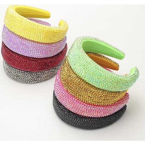 Candy Color Rhinestone Full Crystal Headbands for Women Wide Elastic Hairbands Baroque Wedding Tiara Hair Accessories Headdress