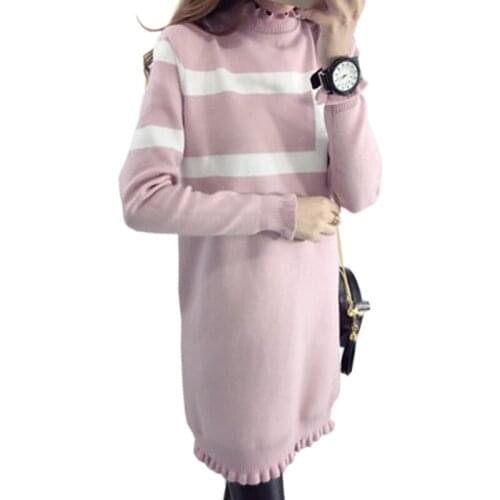 2021 Autumn Winter New Sweater Women Loose Long Pullover Dress Lotus Leaf Geometric Head Sweaters Clothing Vestidos MMY162