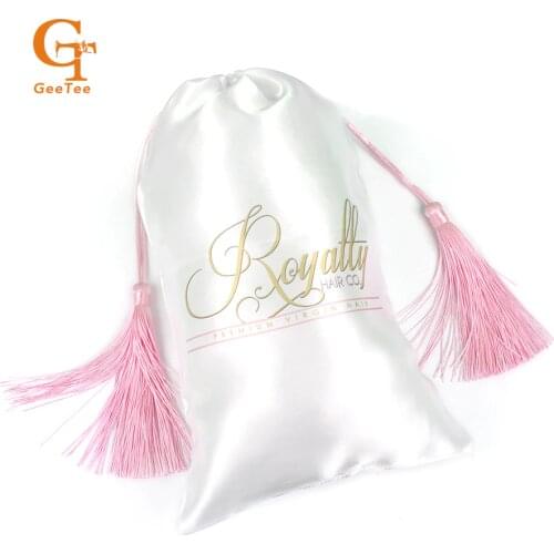 Custom logo shop name Virgin hair bundle extension packaging bags, Customized Luxuary tassel silk satin bags for hair packaging
